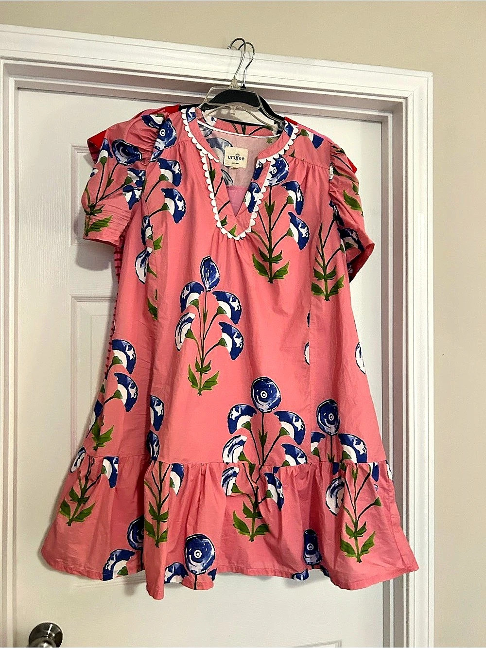 Umgee Floral Print Puff Sleeve Mini Dress with Scallop Trim